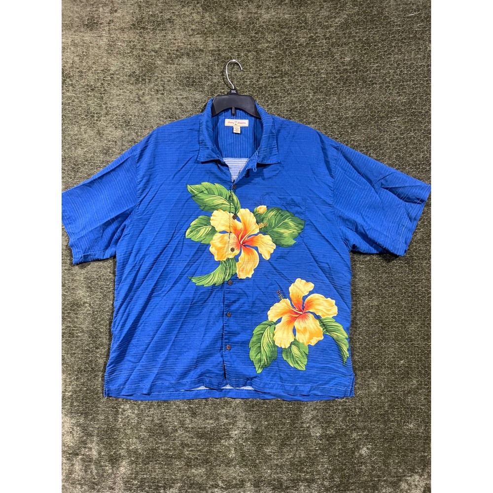 Tommy Bahama Button Down Shirt Mens XXL Blue Silk Cotton Hibiscus Floral Print